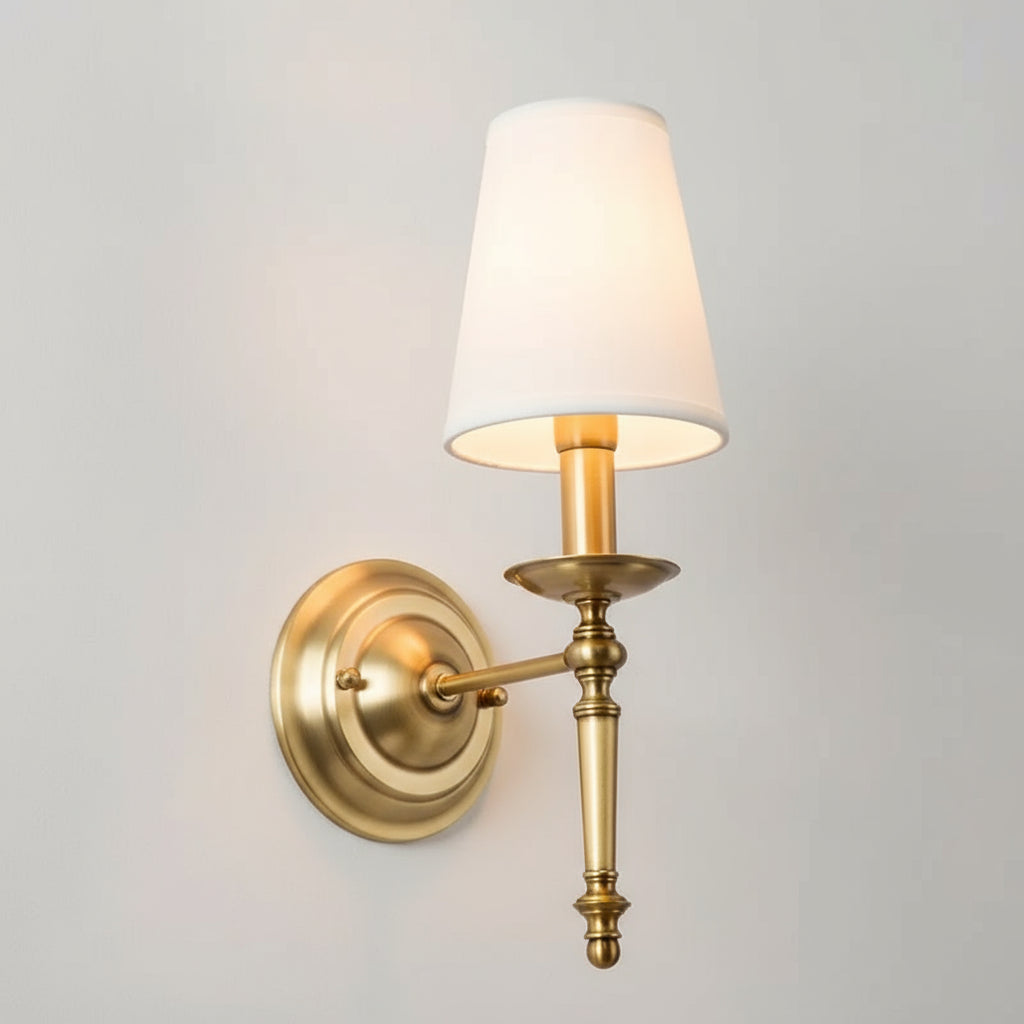 Antique Brass Wall Light | Polished Copper Body White Fabric Shade Bedroom Indoor