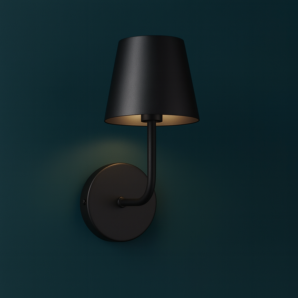 Rechargeable Wall Light | Matte Black Long Rod Tapered Fabric Shade Battery Operated