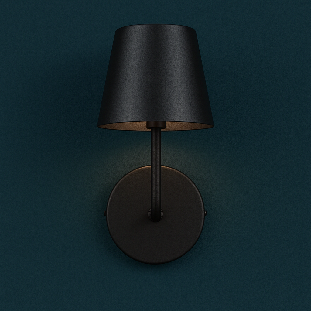Rechargeable Wall Light | Matte Black Long Rod Tapered Fabric Shade Battery Operated