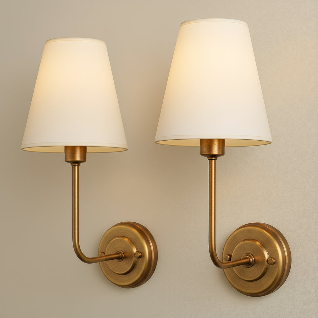 Antique Brass Wall Light | Linen Fabric Shade Plated Metal Frame Living Room