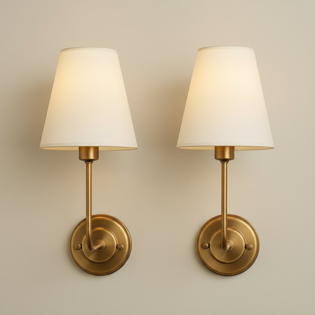 Antique Brass Wall Light | Linen Fabric Shade Plated Metal Frame Living Room