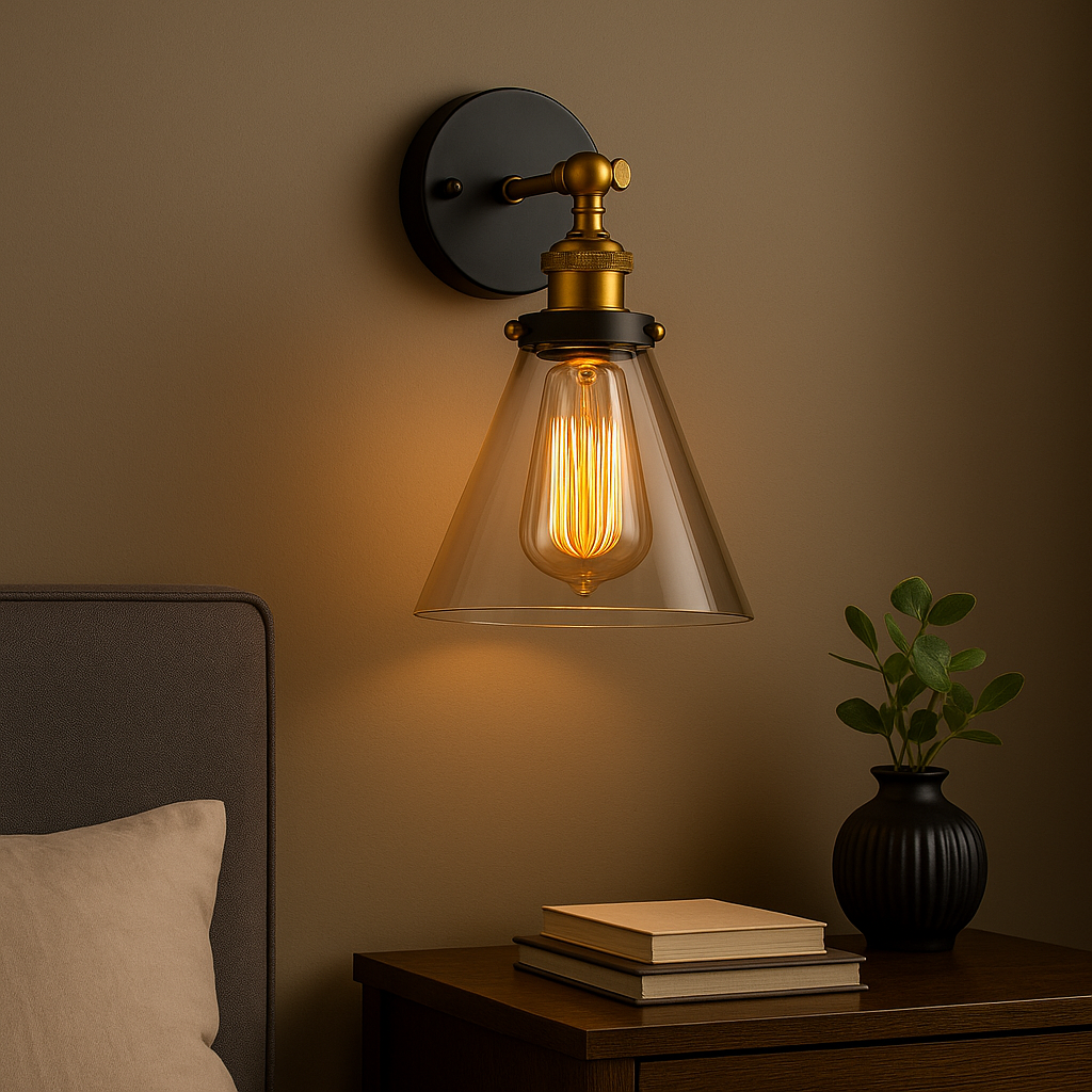 Antique Brass Wall Light | Industrial Stone Base Clear Glass Shade Sconce Indoor