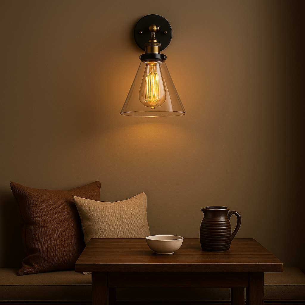 Antique Brass Wall Light | Industrial Stone Base Clear Glass Shade Sconce Indoor