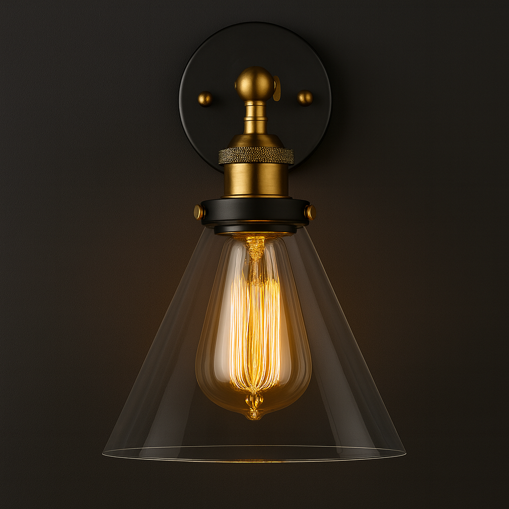 Antique Brass Wall Light | Industrial Stone Base Clear Glass Shade Sconce Indoor