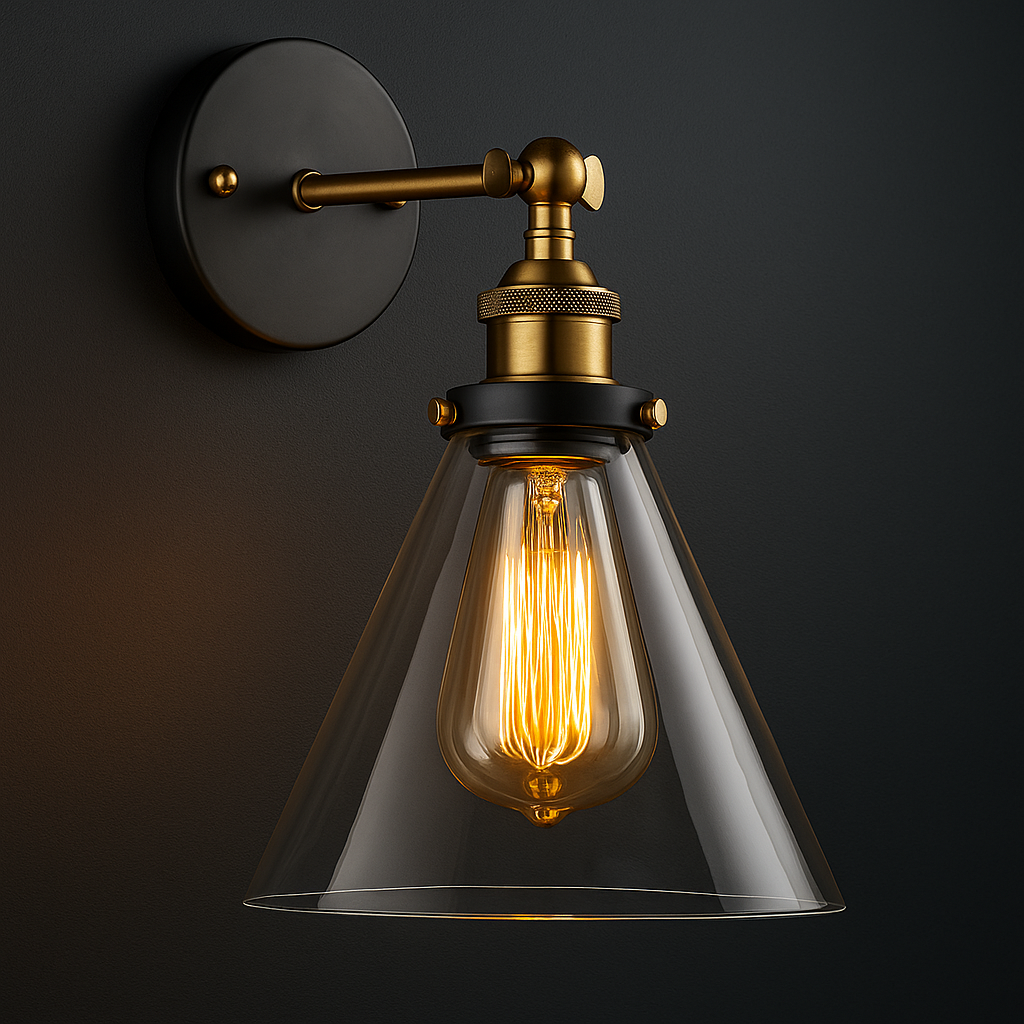 Antique Brass Wall Light | Industrial Stone Base Clear Glass Shade Sconce Indoor