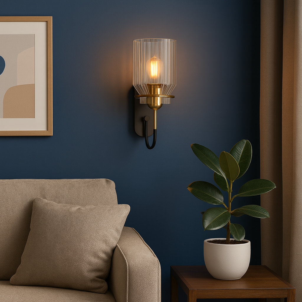 Antique Brass Wall Light | Industrial Ribbed Glass Sconce Black Backplate Hallway Lighting