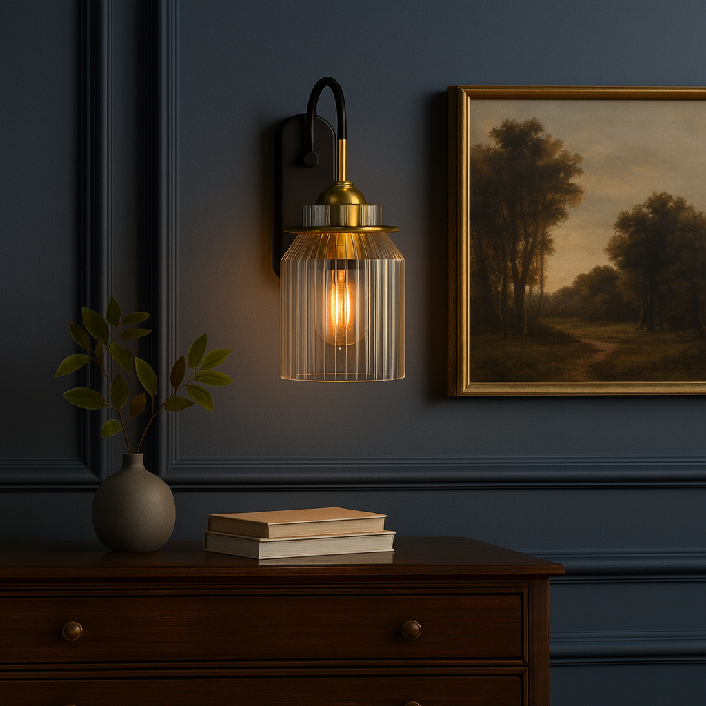 Antique Brass Wall Light | Industrial Ribbed Glass Sconce Black Backplate Hallway Lighting