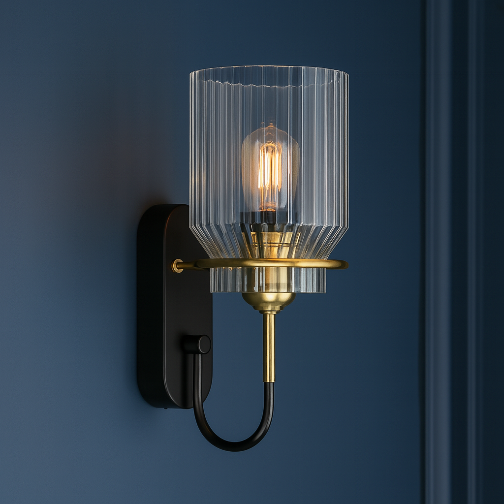 Antique Brass Wall Light | Industrial Ribbed Glass Sconce Black Backplate Hallway Lighting