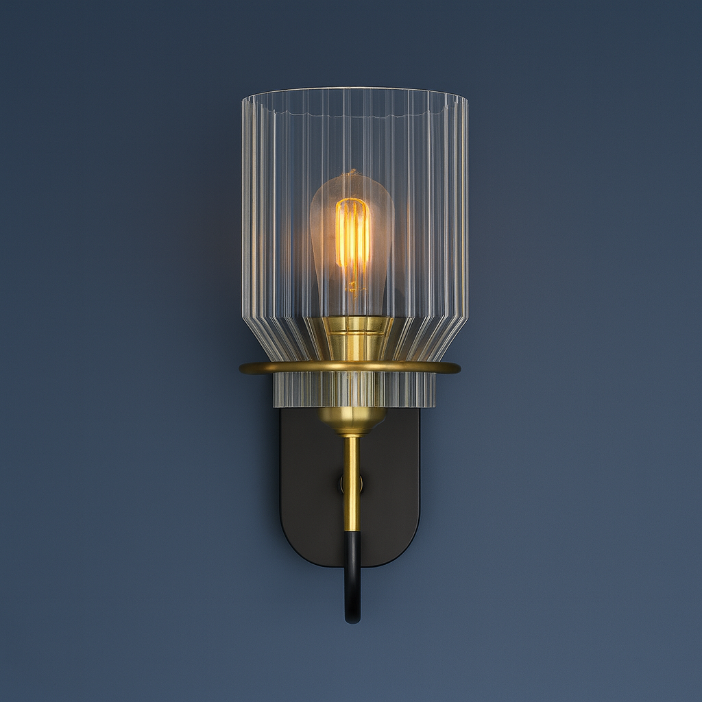 Antique Brass Wall Light | Industrial Ribbed Glass Sconce Black Backplate Hallway Lighting