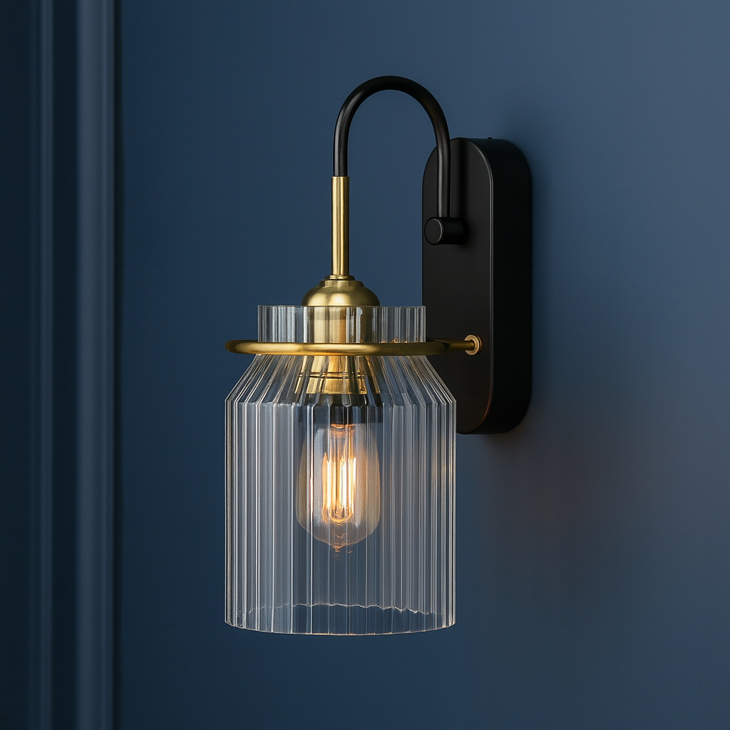 Antique Brass Wall Light | Industrial Ribbed Glass Sconce Black Backplate Hallway Lighting