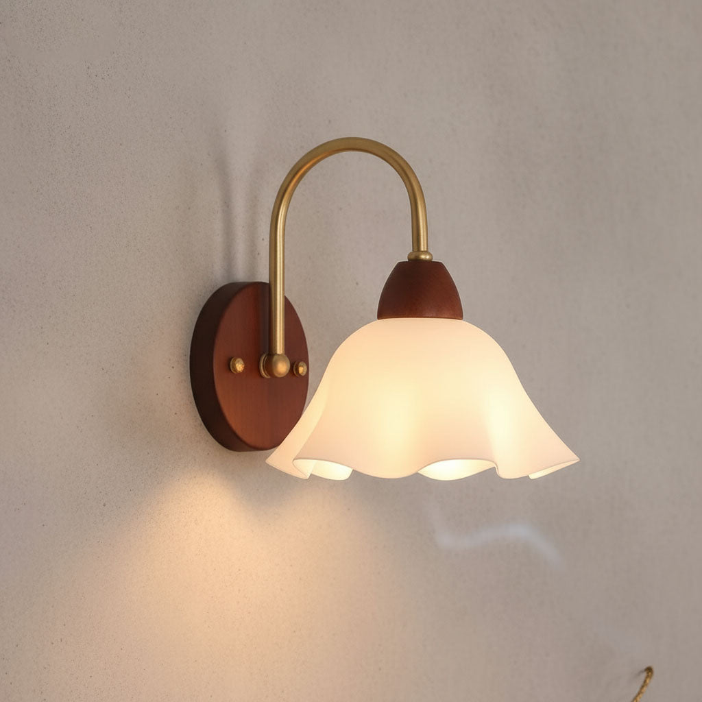Vintage Wall Light | Wooden Frosted Glass Sconce Ivory Finish Bedroom Living Room