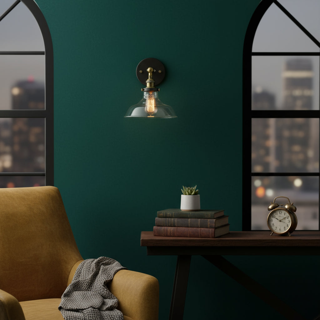 Antique Brass Wall Light | Industrial Curved Arm Clear Glass Dome Round Plate Indoor