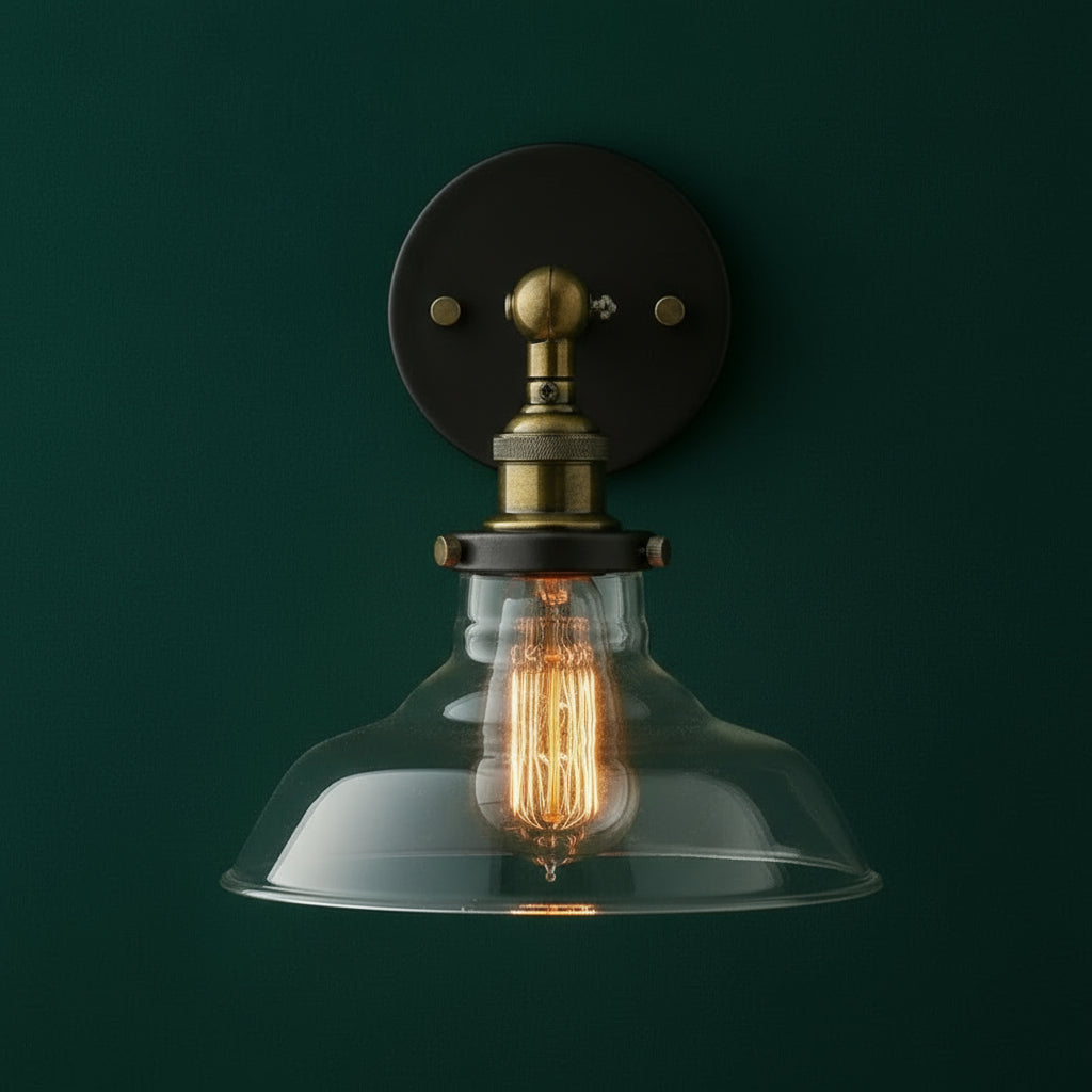 Antique Brass Wall Light | Industrial Curved Arm Clear Glass Dome Round Plate Indoor