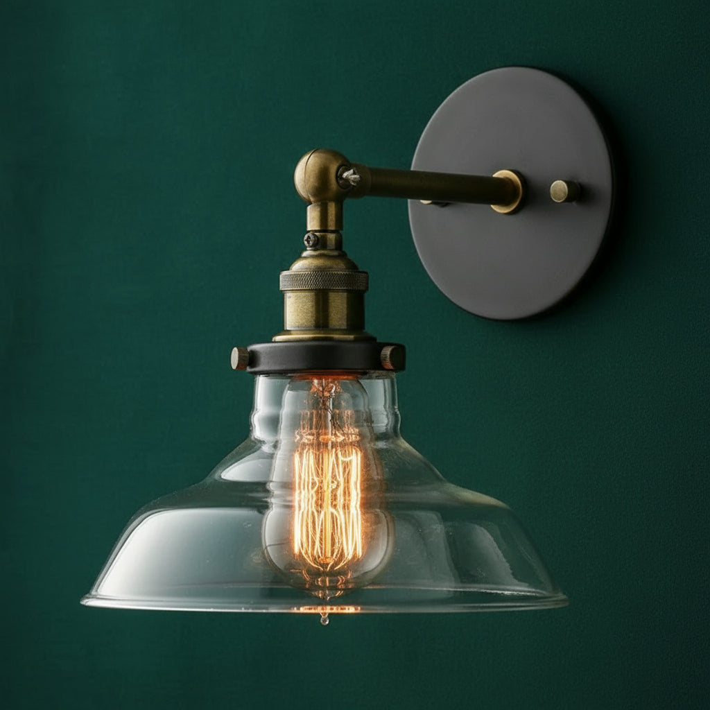 Antique Brass Wall Light | Industrial Curved Arm Clear Glass Dome Round Plate Indoor