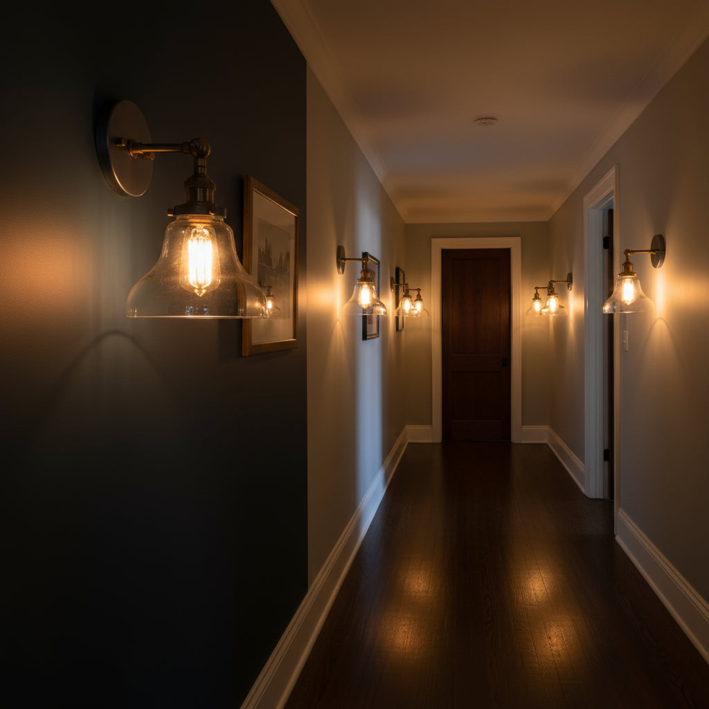 Antique Brass Wall Light | Industrial Clear Glass Dome Sconce Round Plate Hallway