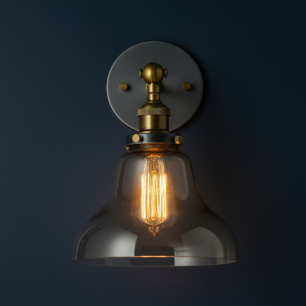 Antique Brass Wall Light | Industrial Clear Glass Dome Sconce Round Plate Hallway