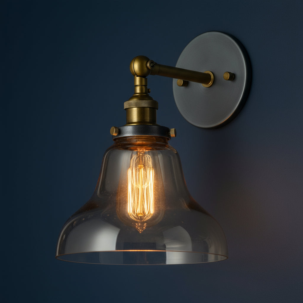 Antique Brass Wall Light | Industrial Clear Glass Dome Sconce Round Plate Hallway