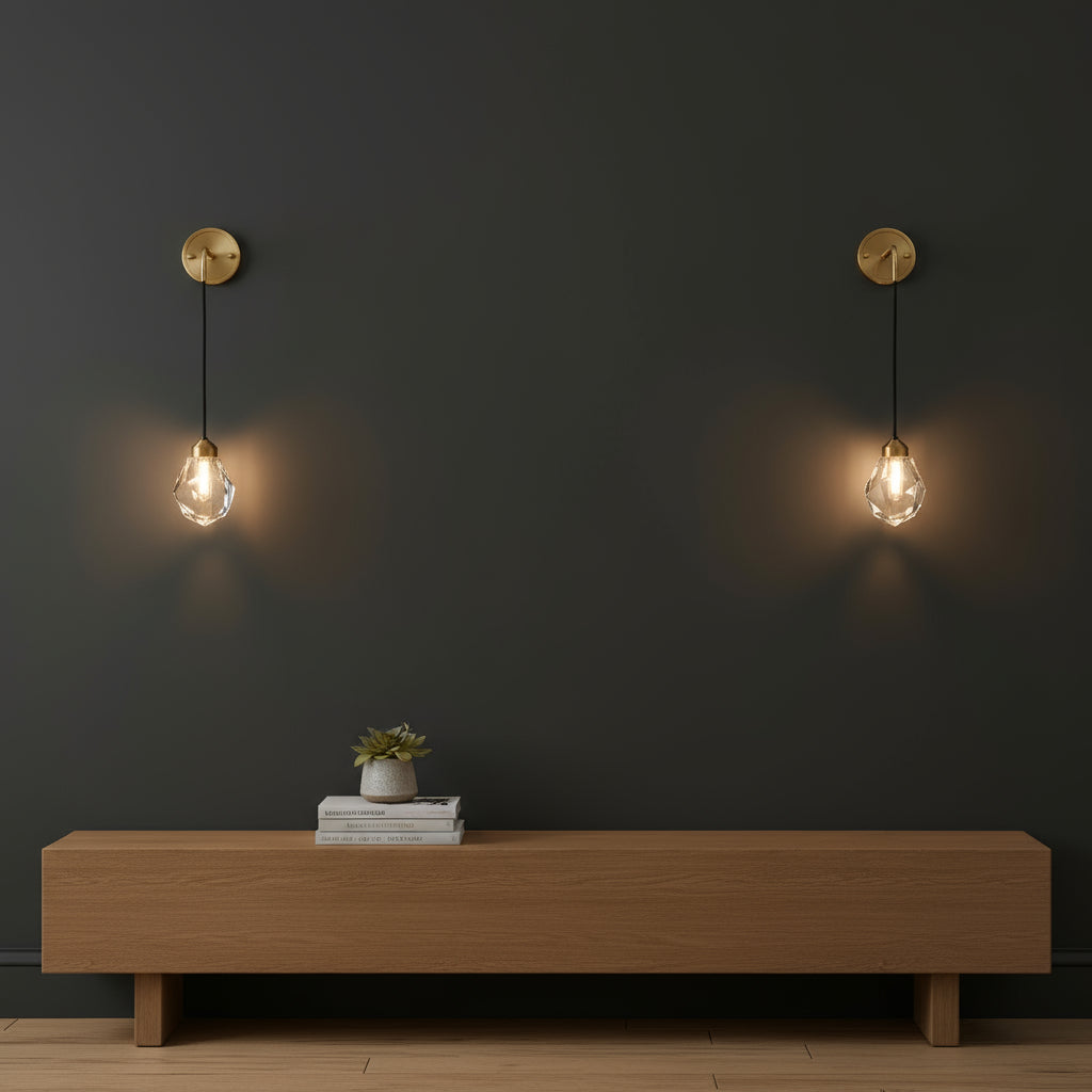 Antique Brass Wall Light | Hanging Faceted Crystal Shade Brass Base Gold Indoor