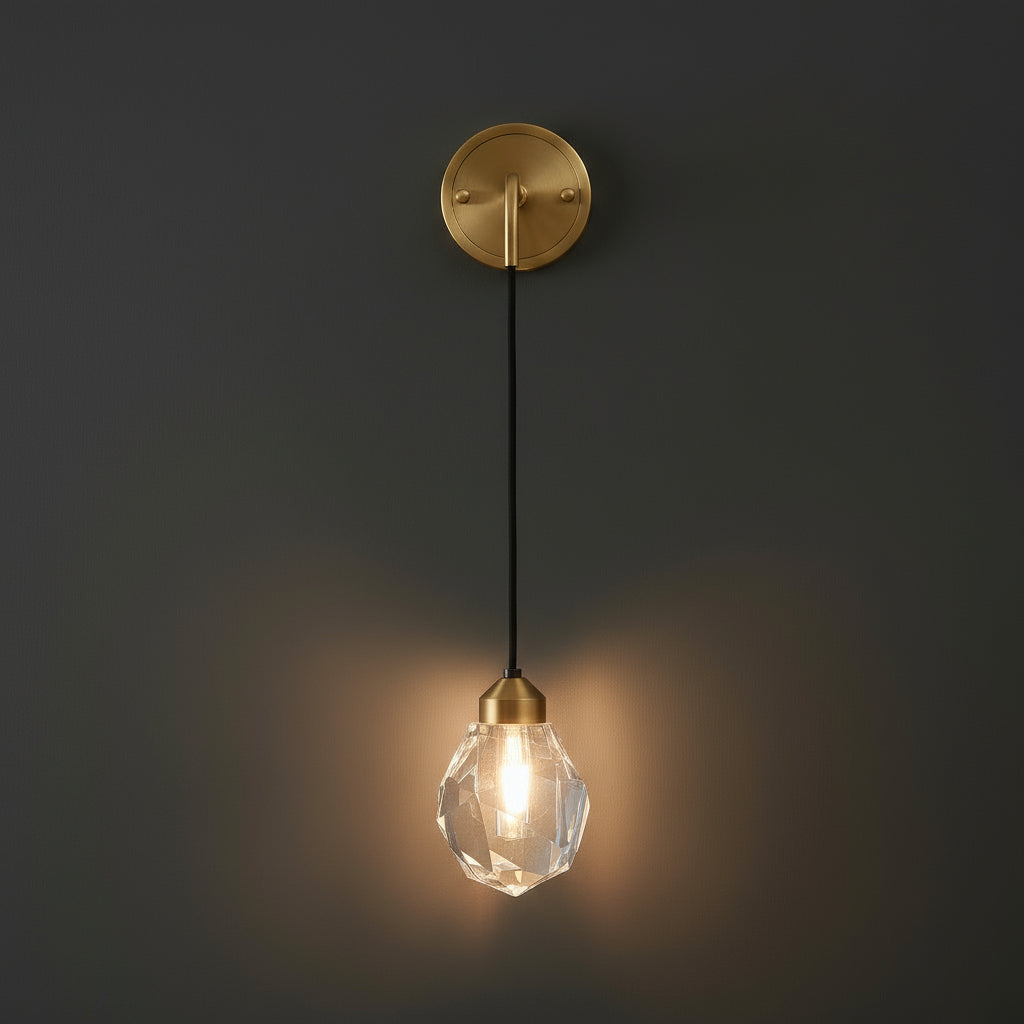 Antique Brass Wall Light | Hanging Faceted Crystal Shade Brass Base Gold Indoor