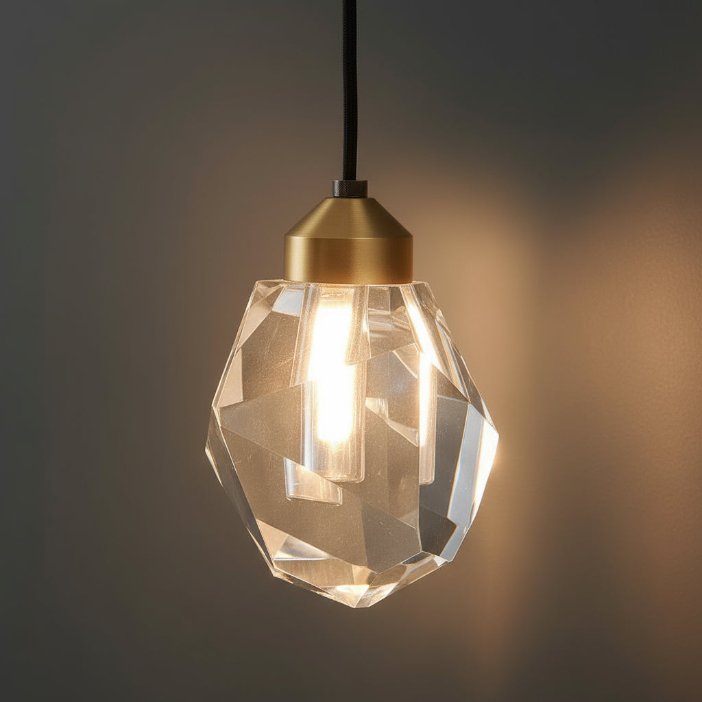 Antique Brass Wall Light | Hanging Faceted Crystal Shade Brass Base Gold Indoor