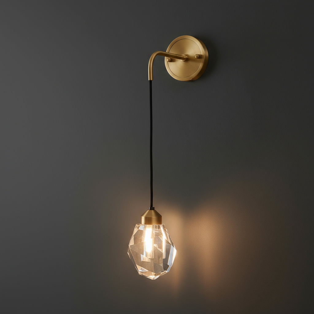 Antique Brass Wall Light | Hanging Faceted Crystal Shade Brass Base Gold Indoor