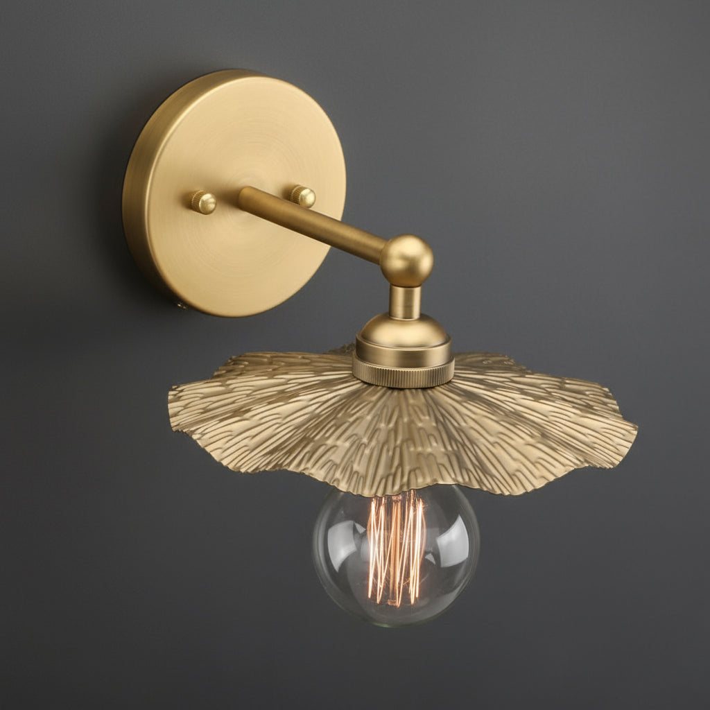 Antique Brass Wall Light | Handcrafted Leaf-Shaped Shade Exposed Edison Bulb Indoor Sconce