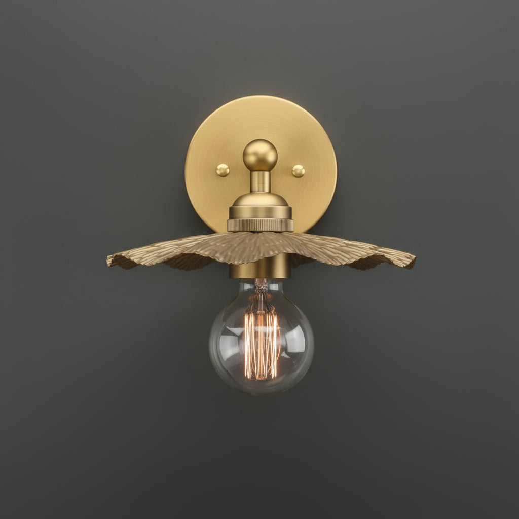 Antique Brass Wall Light | Handcrafted Leaf-Shaped Shade Exposed Edison Bulb Indoor Sconce