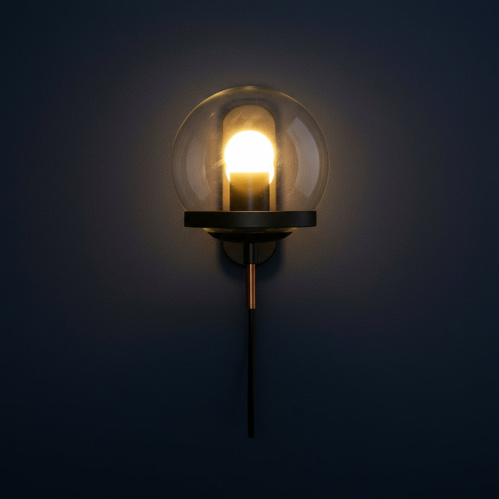Antique Brass Wall Light | Globe Glass Exposed Wire Metal Backplate Sconce Indoor Lighting