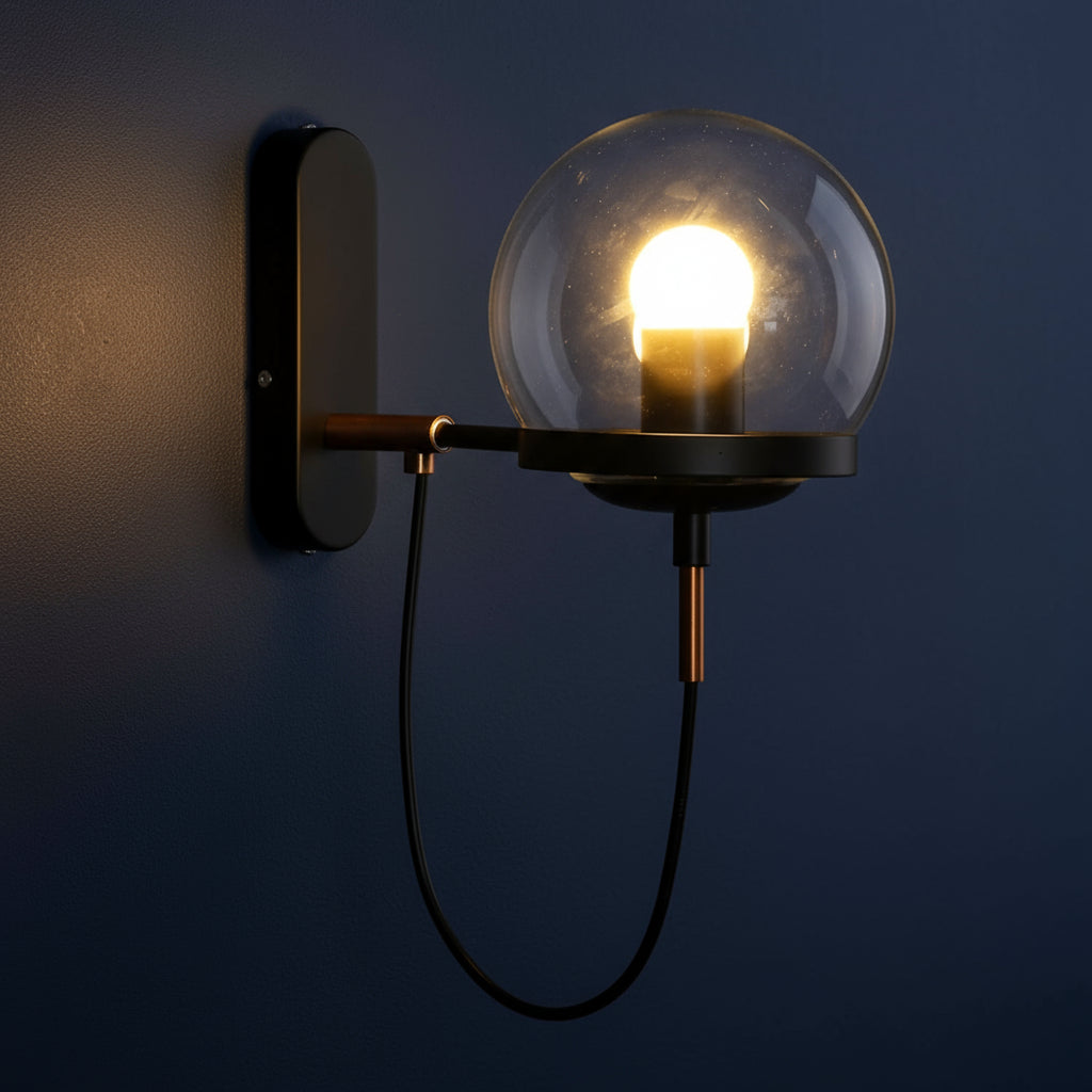 Antique Brass Wall Light | Globe Glass Exposed Wire Metal Backplate Sconce Indoor Lighting