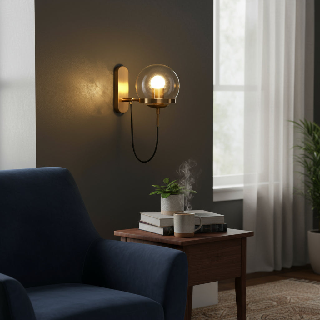 Antique Brass Wall Light | Globe Glass Exposed Wire Metal Backplate Sconce Indoor Lighting