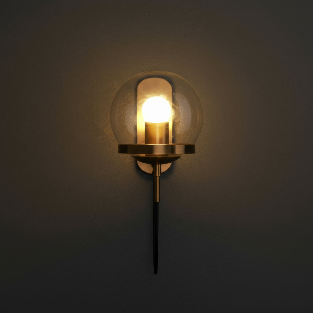Antique Brass Wall Light | Globe Glass Exposed Wire Metal Backplate Sconce Indoor Lighting