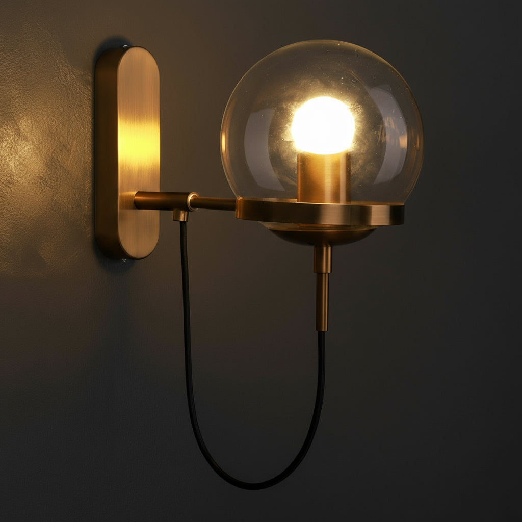 Antique Brass Wall Light | Globe Glass Exposed Wire Metal Backplate Sconce Indoor Lighting