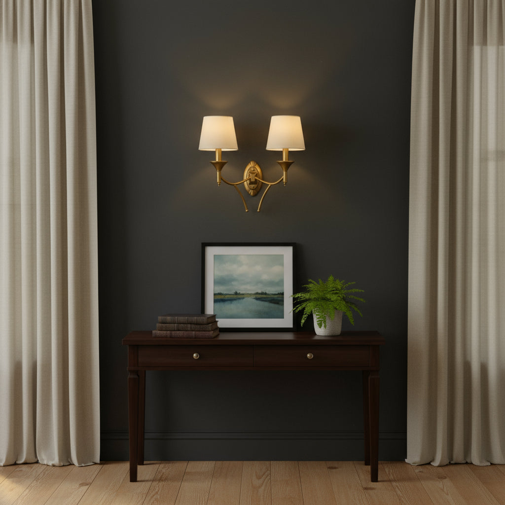 Antique Brass Wall Light | Double Arm White Fabric Shades Sconce Bedroom Living Room