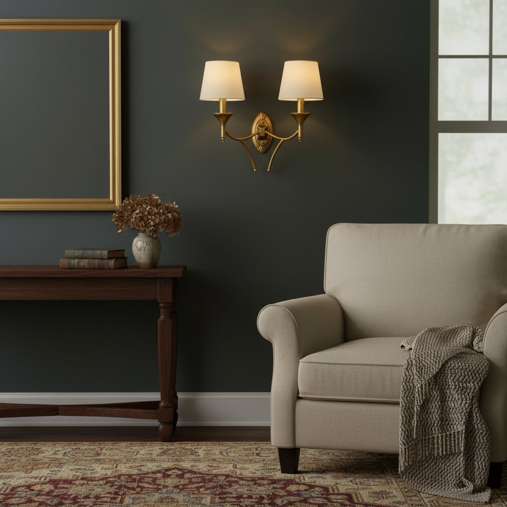 Antique Brass Wall Light | Double Arm White Fabric Shades Sconce Bedroom Living Room