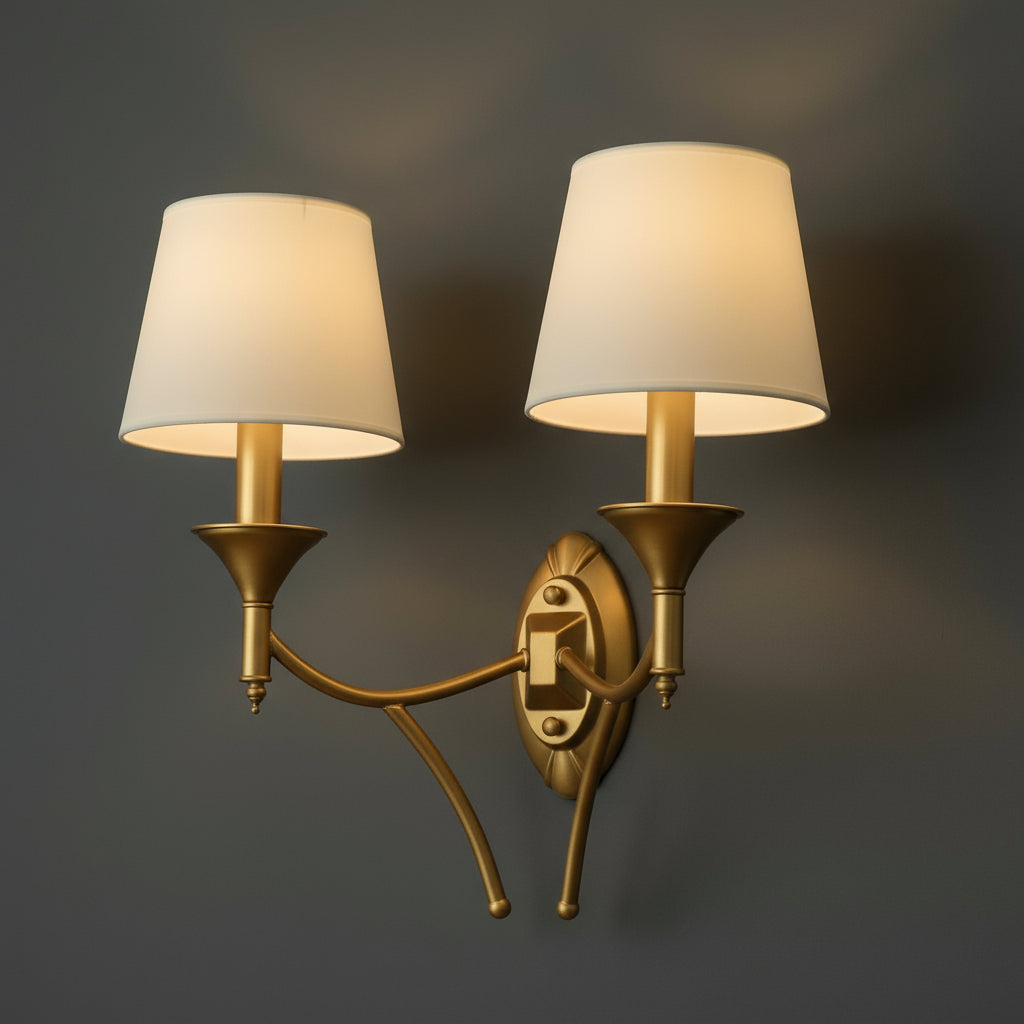 Antique Brass Wall Light | Double Arm White Fabric Shades Sconce Bedroom Living Room