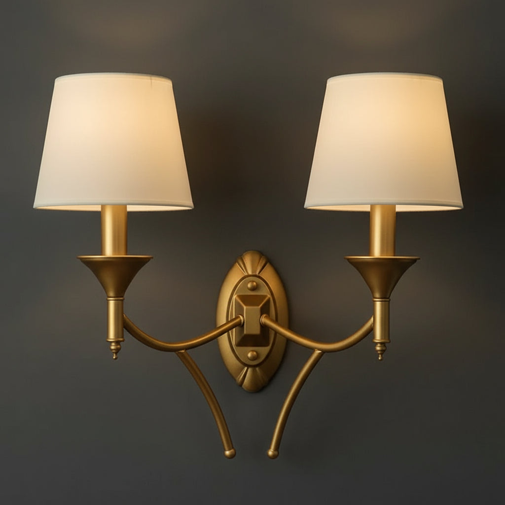 Antique Brass Wall Light | Double Arm White Fabric Shades Sconce Bedroom Living Room