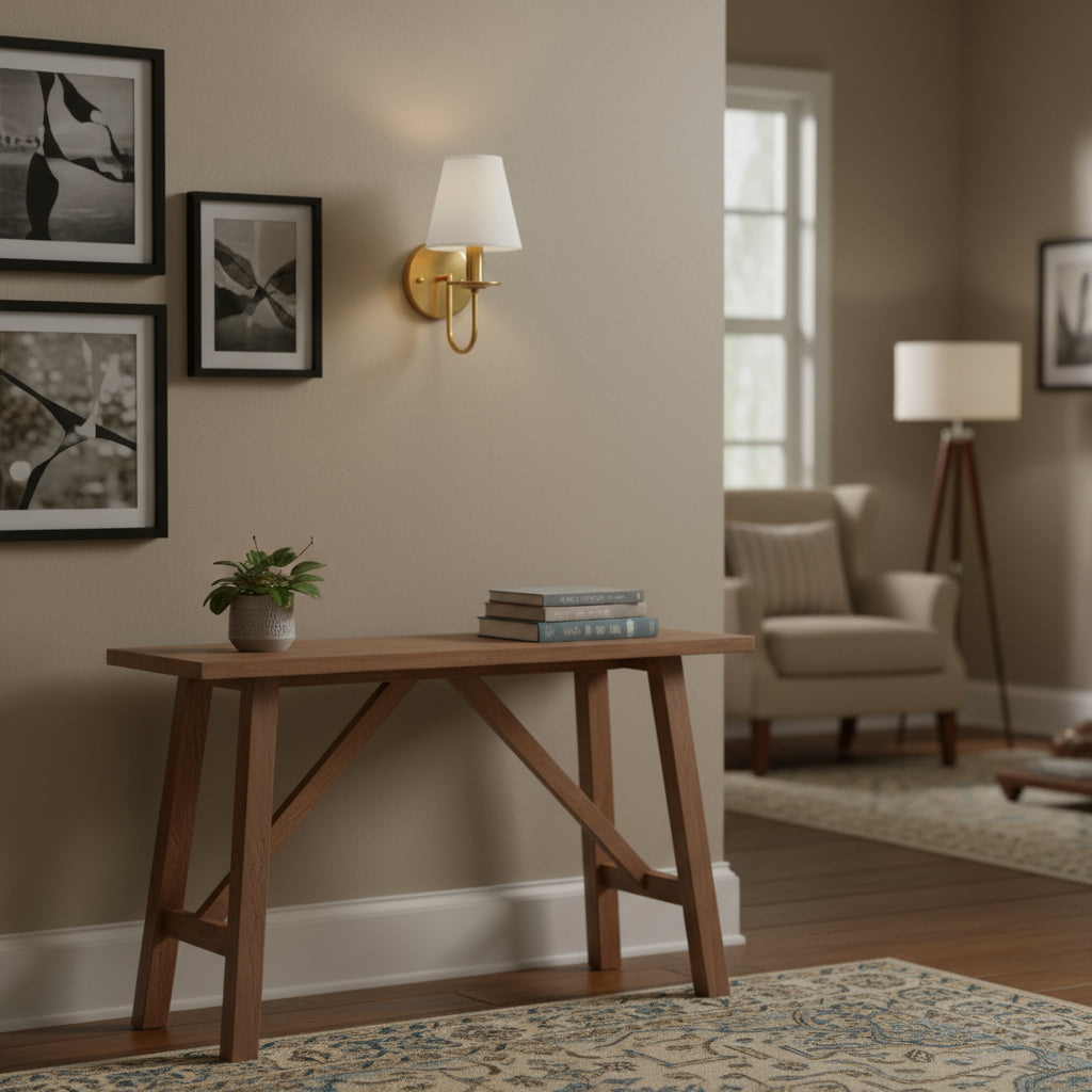 Antique Brass Wall Light | Curved Arm White Tapered Fabric Shade Bedside Bedroom