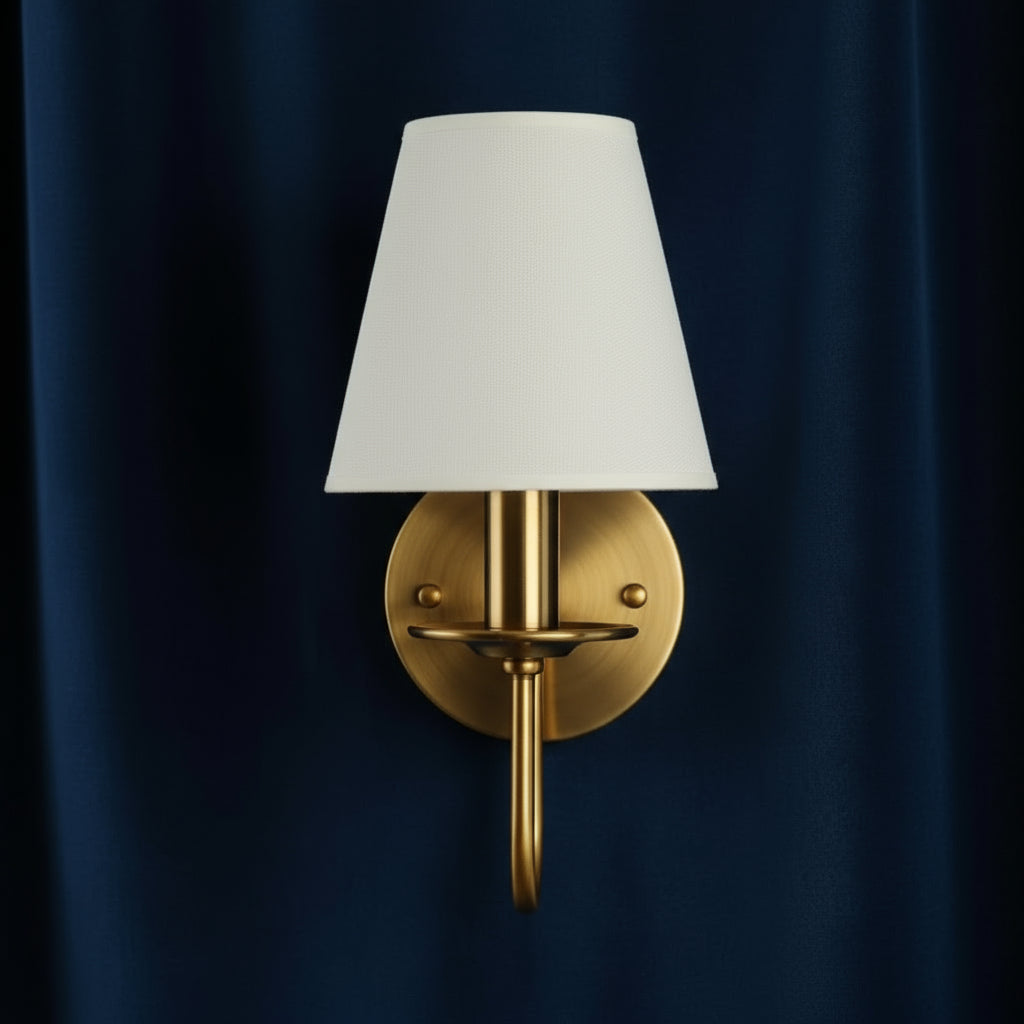 Antique Brass Wall Light | Curved Arm White Tapered Fabric Shade Bedside Bedroom