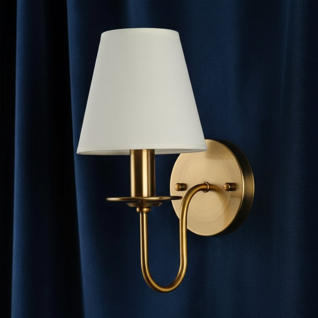 Antique Brass Wall Light | Curved Arm White Tapered Fabric Shade Bedside Bedroom