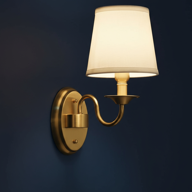 Antique Brass Wall Light | Copper Iron Beige Fabric Shade Sconce Living Room