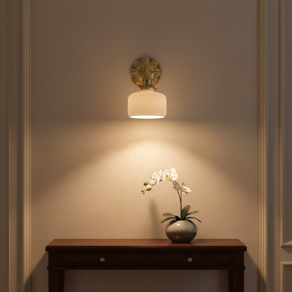 Antique Brass Wall Light | Carved Copper Base Ribbed Ceramic Shade Gold Indoor Sconce