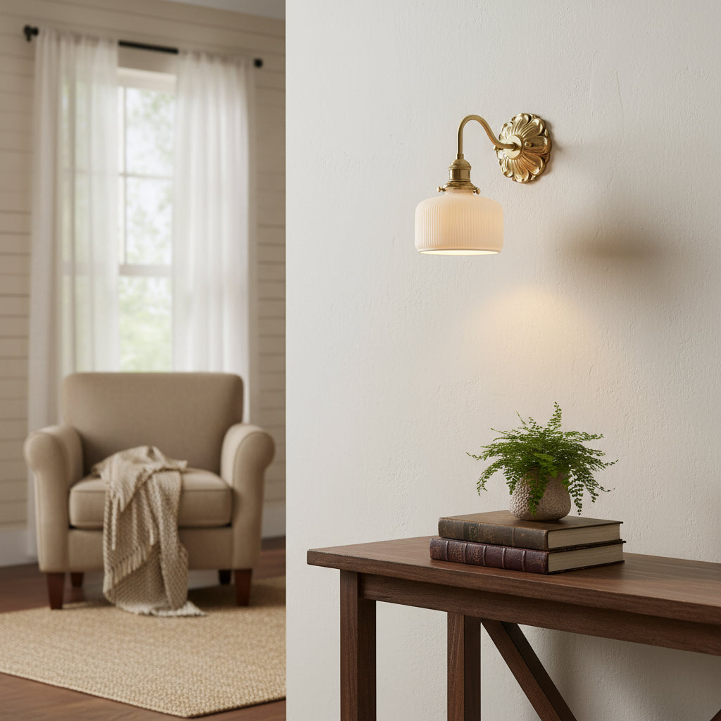 Antique Brass Wall Light | Carved Copper Base Ribbed Ceramic Shade Gold Indoor Sconce