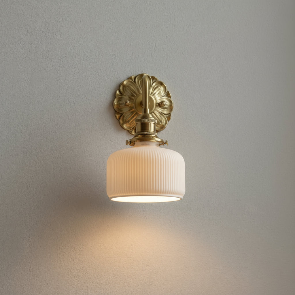Antique Brass Wall Light | Carved Copper Base Ribbed Ceramic Shade Gold Indoor Sconce