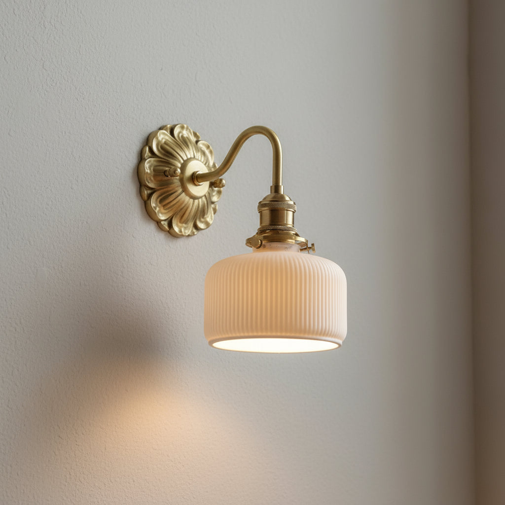 Antique Brass Wall Light | Carved Copper Base Ribbed Ceramic Shade Gold Indoor Sconce