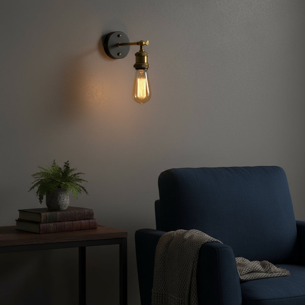 Antique Brass Wall Light | Adjustable Exposed Bulb Sconce Black Round Plate Indoor Lighting