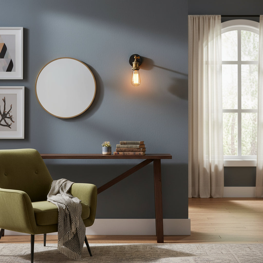 Antique Brass Wall Light | Adjustable Exposed Bulb Sconce Black Round Plate Indoor Lighting