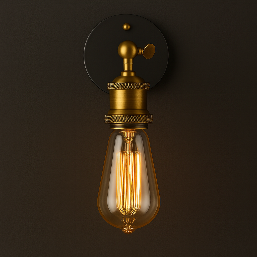 Antique Brass Wall Light | Adjustable Exposed Bulb Sconce Black Round Plate Indoor Lighting