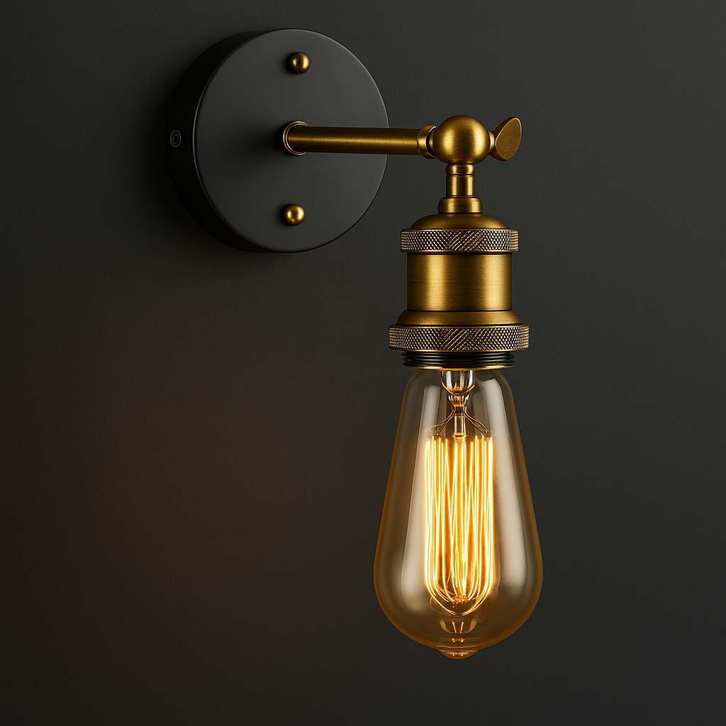 Antique Brass Wall Light | Adjustable Exposed Bulb Sconce Black Round Plate Indoor Lighting