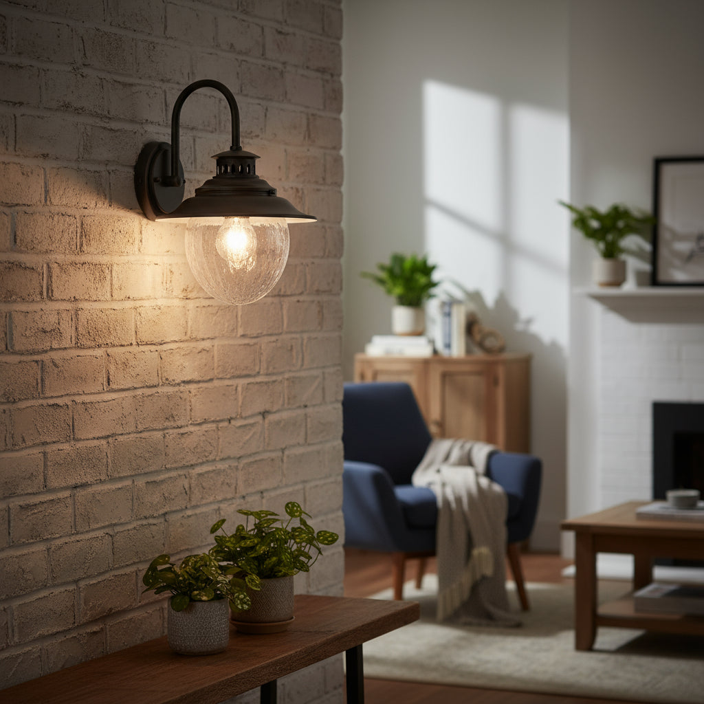 Antique Brass Outdoor Wall Light | Industrial Lantern-Style Sconce Curved Arm Hammered Glass Shade Outdoor Lighting