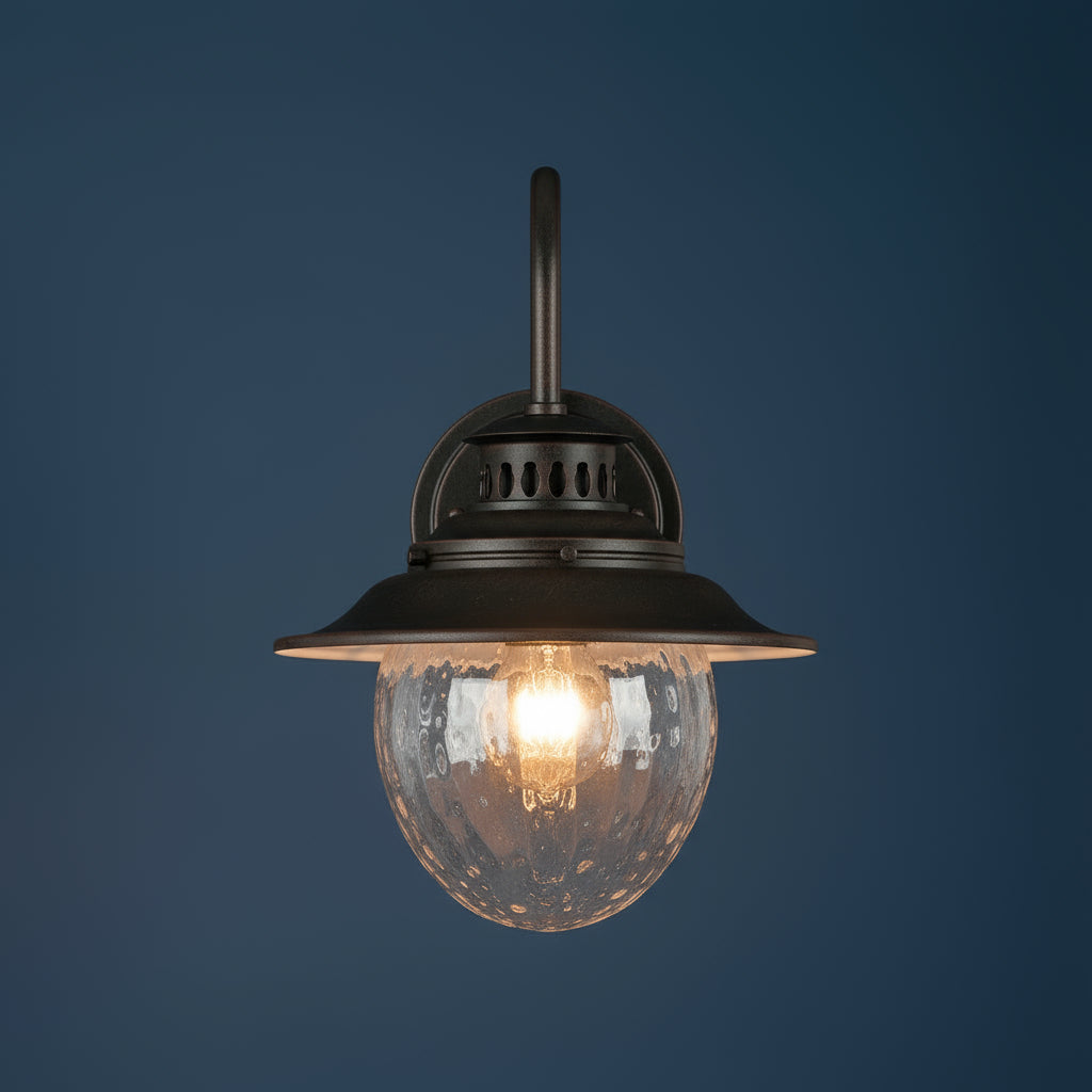 Antique Brass Outdoor Wall Light | Industrial Lantern-Style Sconce Curved Arm Hammered Glass Shade Outdoor Lighting